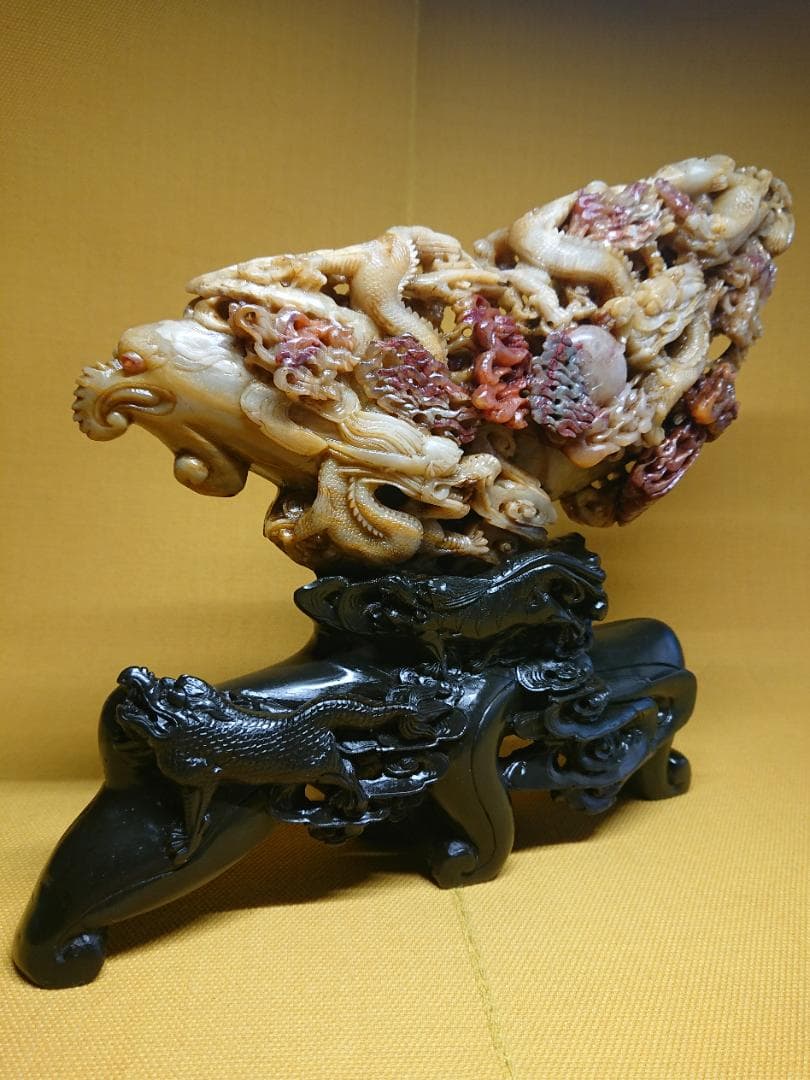 美品　天然石　彫刻　龍　鳳凰　麒麟　置物　インテリア　工芸品　美術品　A3456