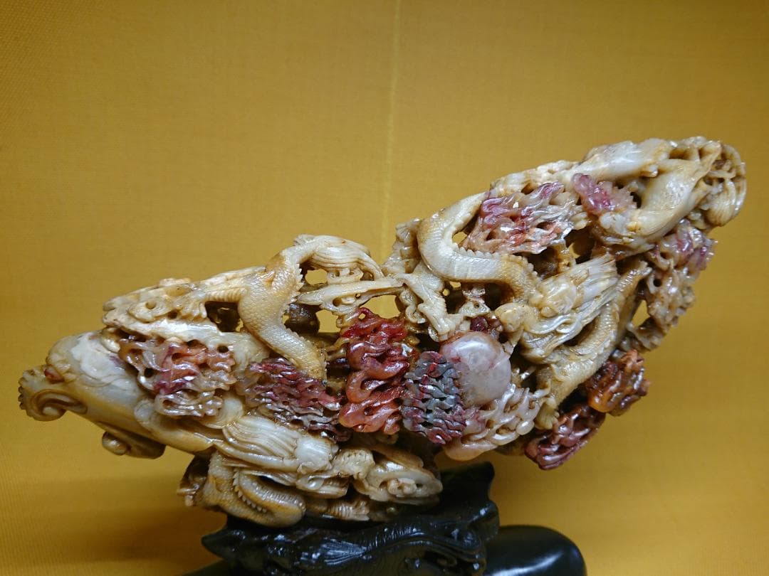 美品　天然石　彫刻　龍　鳳凰　麒麟　置物　インテリア　工芸品　美術品　A3456