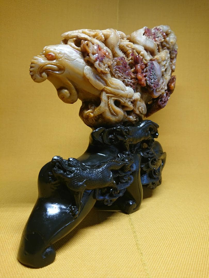 美品　天然石　彫刻　龍　鳳凰　麒麟　置物　インテリア　工芸品　美術品　A3456