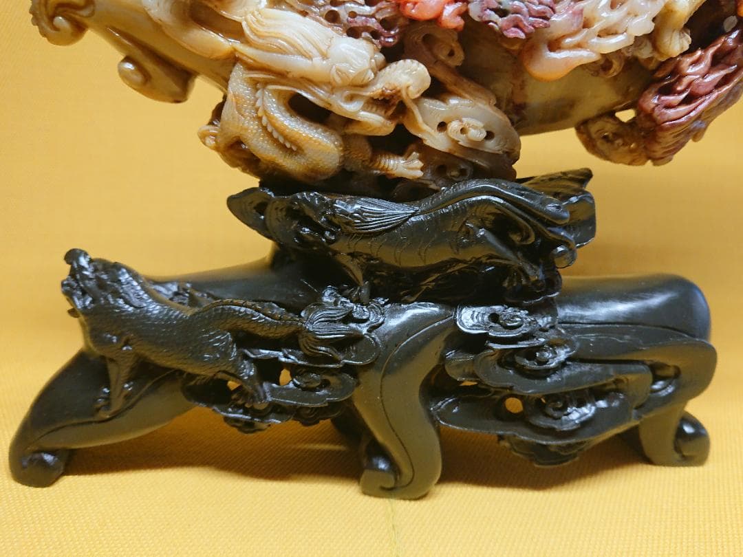美品　天然石　彫刻　龍　鳳凰　麒麟　置物　インテリア　工芸品　美術品　A3456