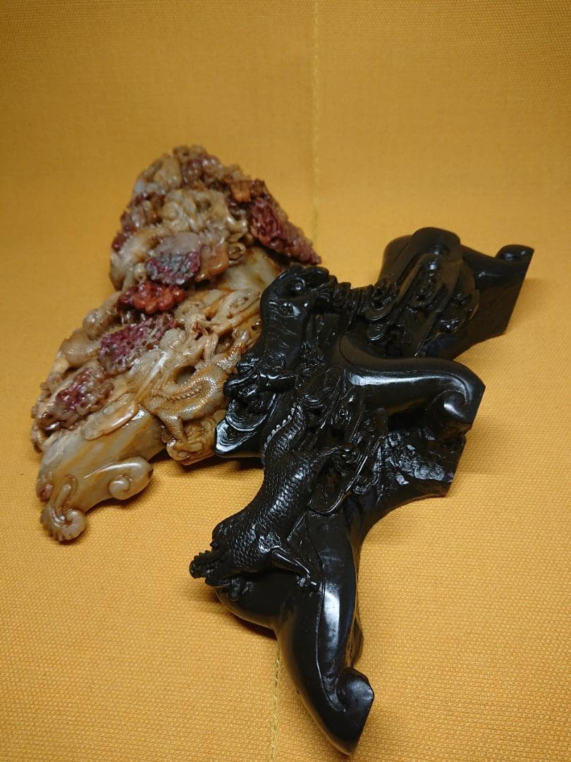 美品　天然石　彫刻　龍　鳳凰　麒麟　置物　インテリア　工芸品　美術品　A3456