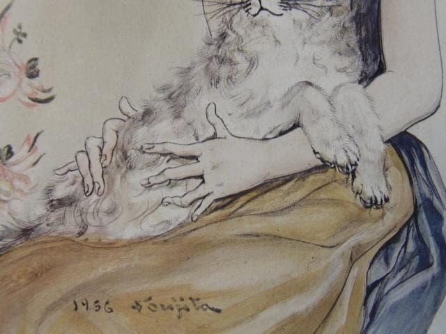 藤田 嗣治、「猫を抱く少女」希少、オーダーマット付額装・画集画