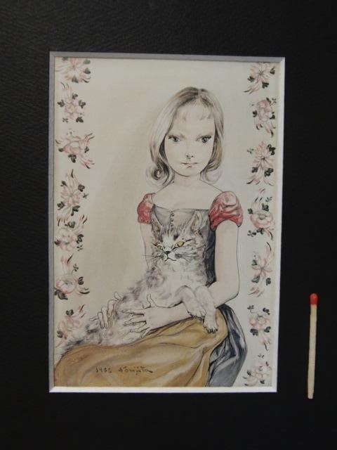 藤田 嗣治、「猫を抱く少女」希少、オーダーマット付額装・画集画