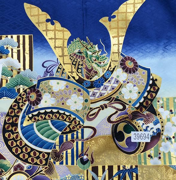 七五三 五歳 男児 羽織袴フルセット 着物 紺地 兜 袴変更可能 NO39694