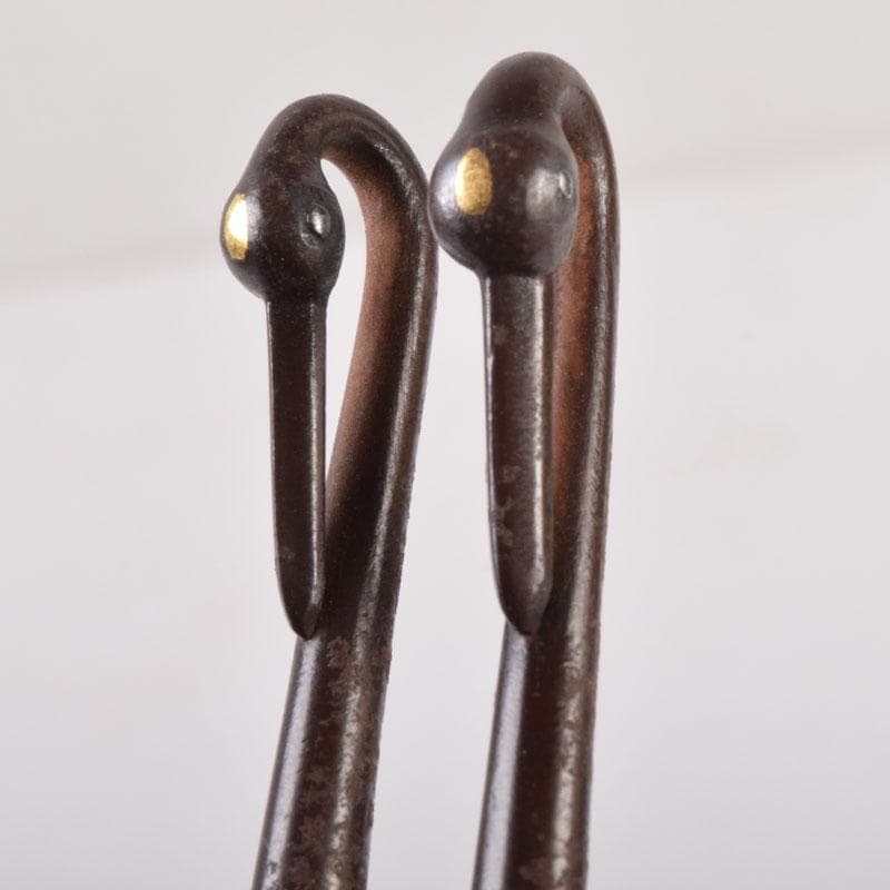 茶道具 金屋 金谷五郎三郎作 銅製 銀象嵌鶴頭火箸 共袋共箱 V 8571