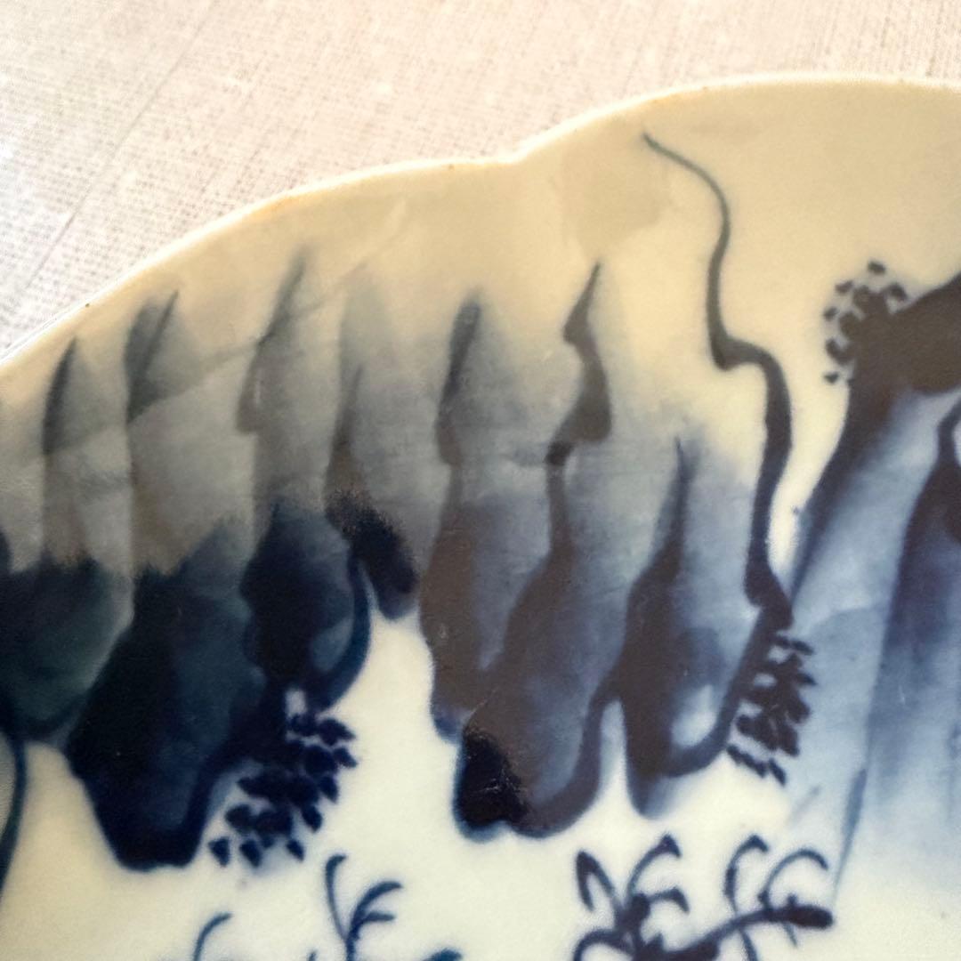 古伊万里 風 染付 山水文 大皿 25cm 輪花 飾り皿 3枚セット