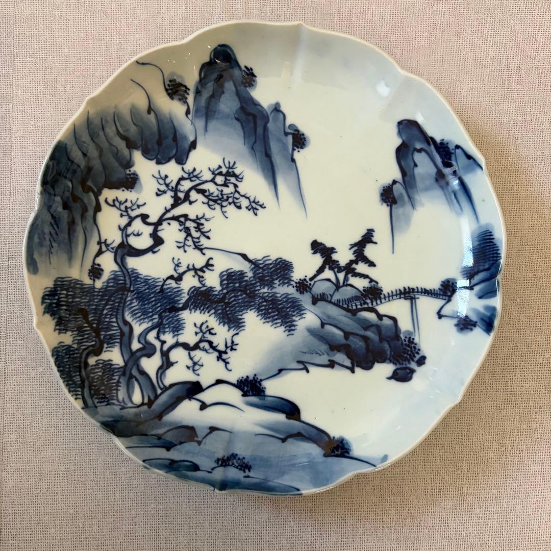 古伊万里 風 染付 山水文 大皿 25cm 輪花 飾り皿 3枚セット