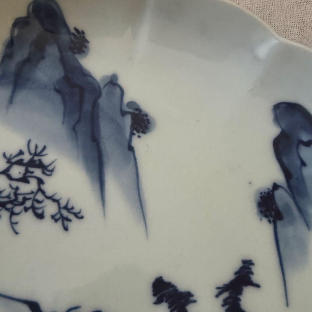 古伊万里 風 染付 山水文 大皿 25cm 輪花 飾り皿 3枚セット