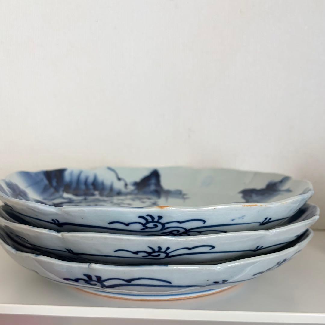 古伊万里 風 染付 山水文 大皿 25cm 輪花 飾り皿 3枚セット