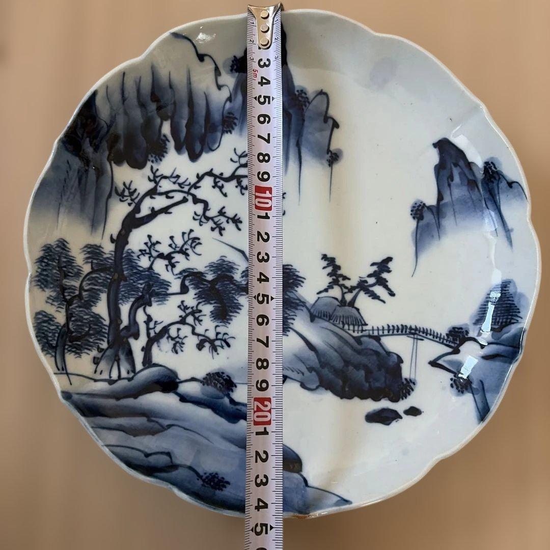 古伊万里 風 染付 山水文 大皿 25cm 輪花 飾り皿 3枚セット