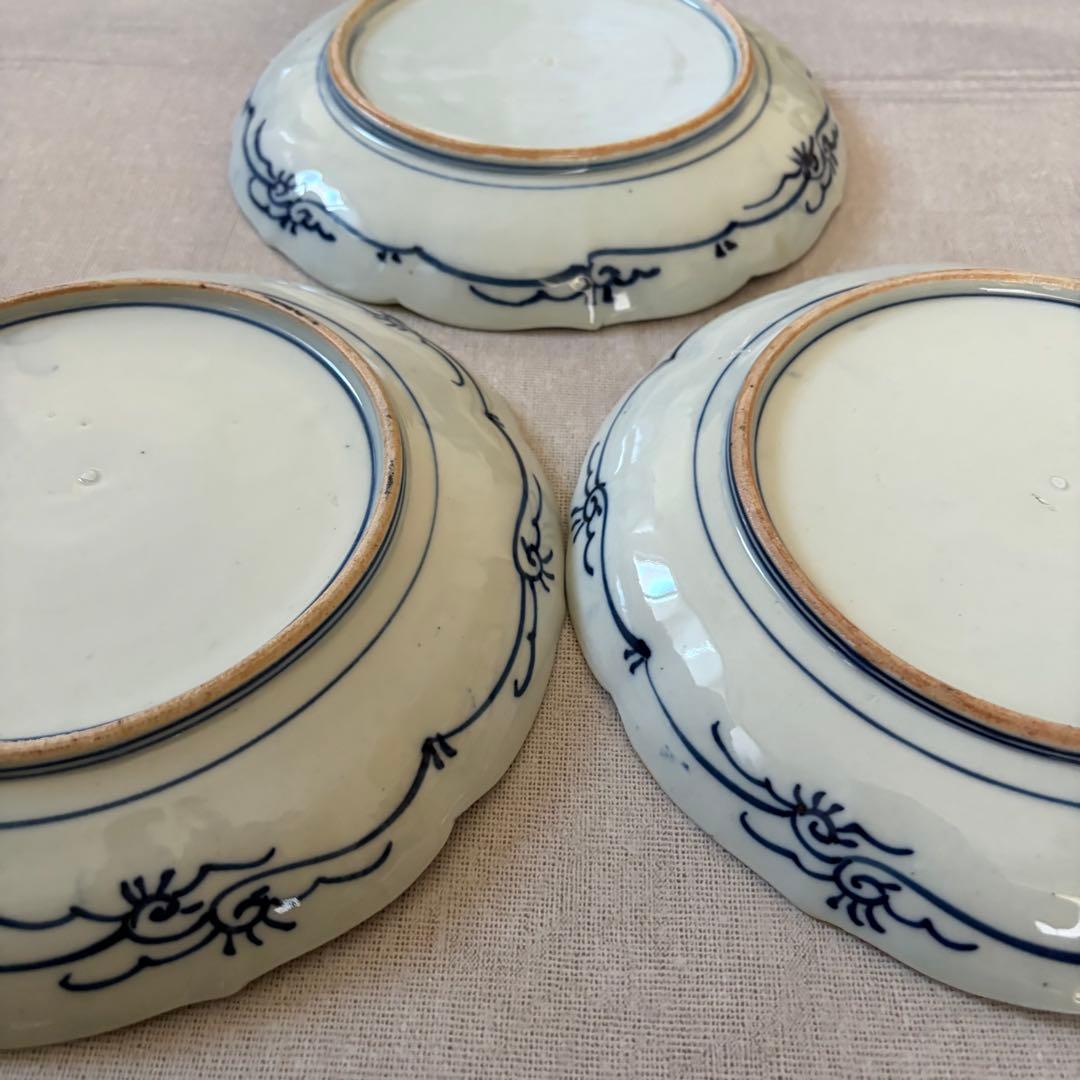 古伊万里 風 染付 山水文 大皿 25cm 輪花 飾り皿 3枚セット