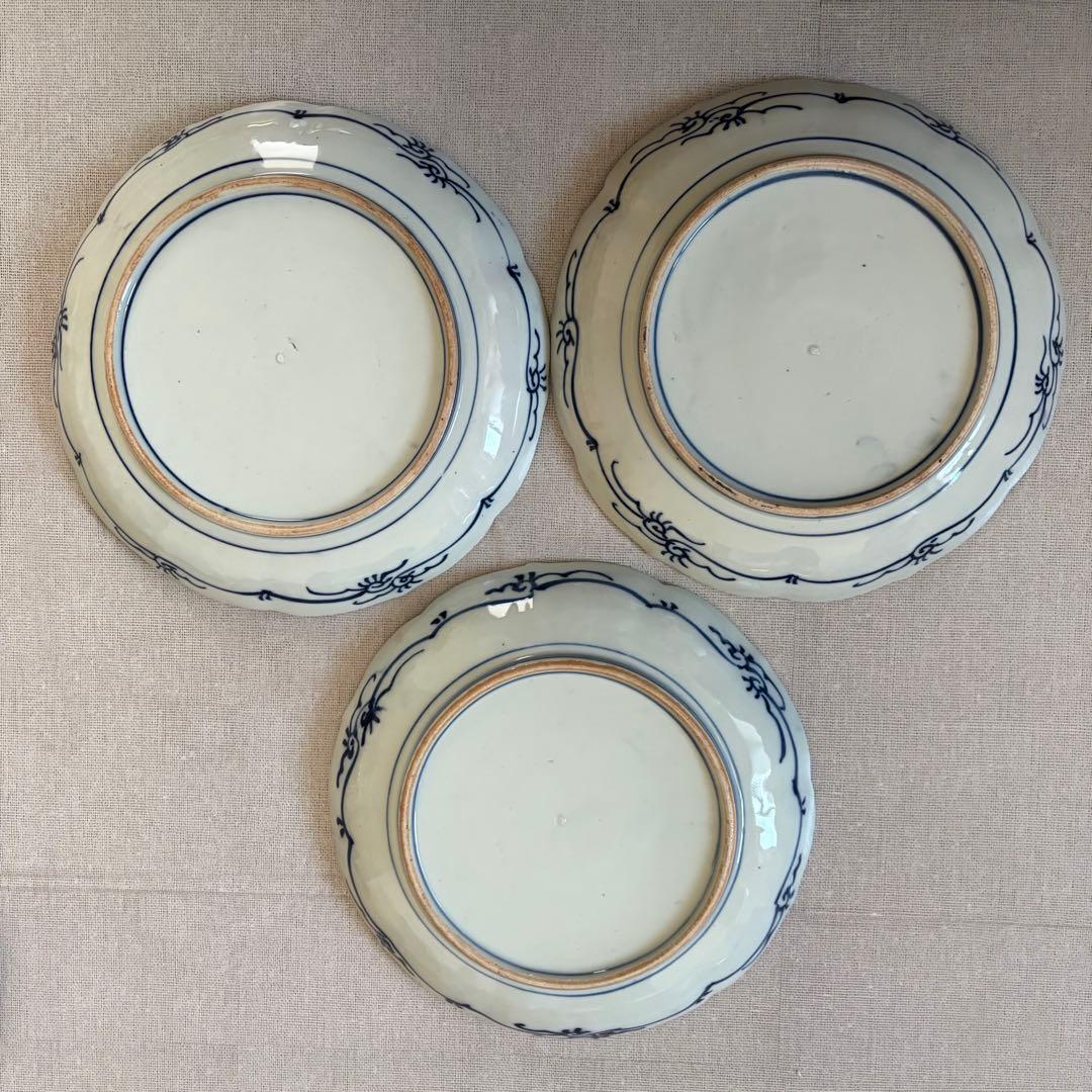 古伊万里 風 染付 山水文 大皿 25cm 輪花 飾り皿 3枚セット