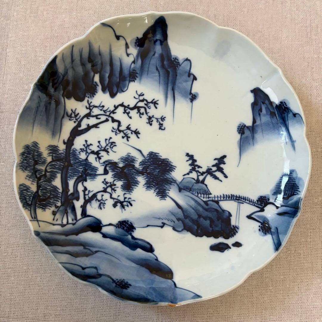 古伊万里 風 染付 山水文 大皿 25cm 輪花 飾り皿 3枚セット