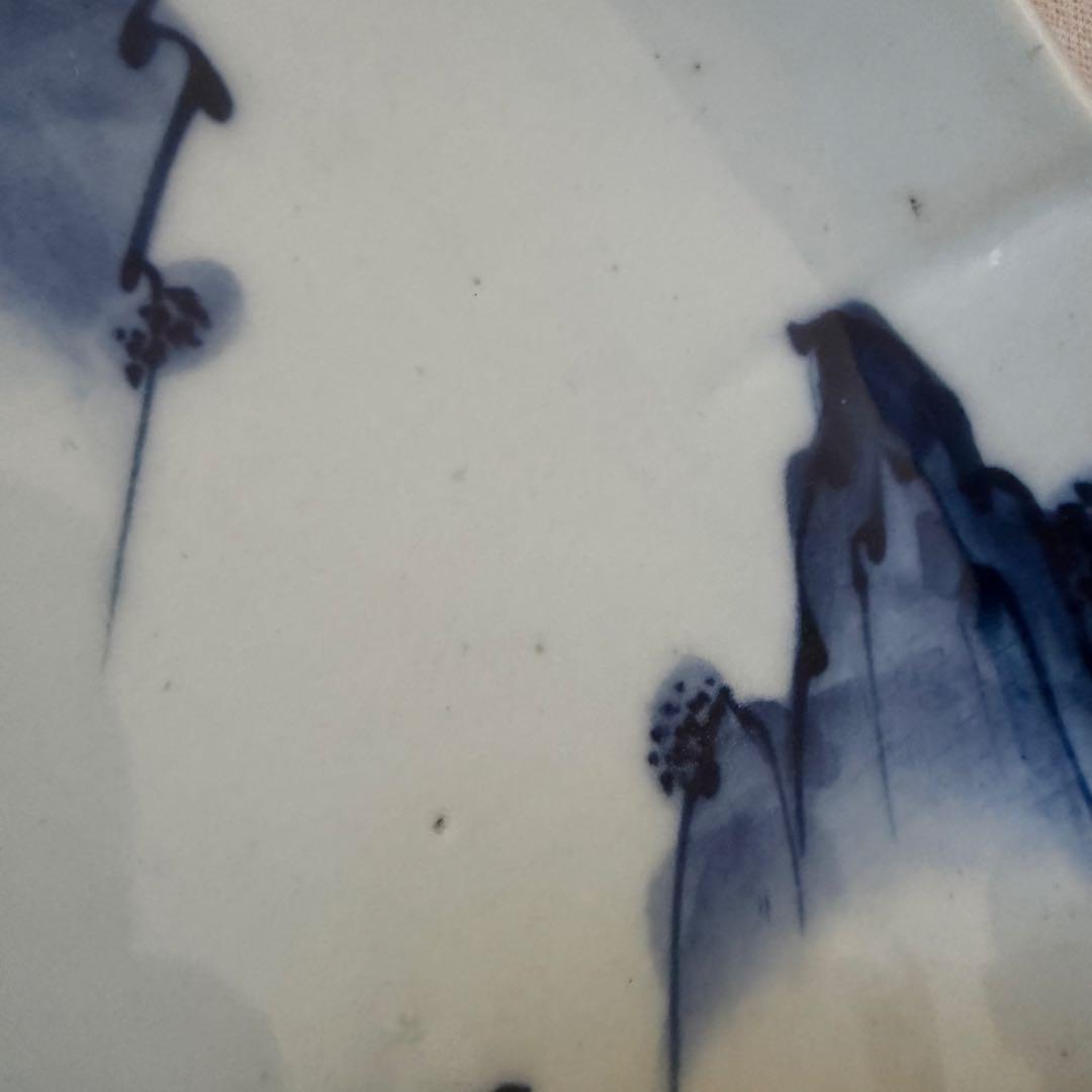 古伊万里 風 染付 山水文 大皿 25cm 輪花 飾り皿 3枚セット