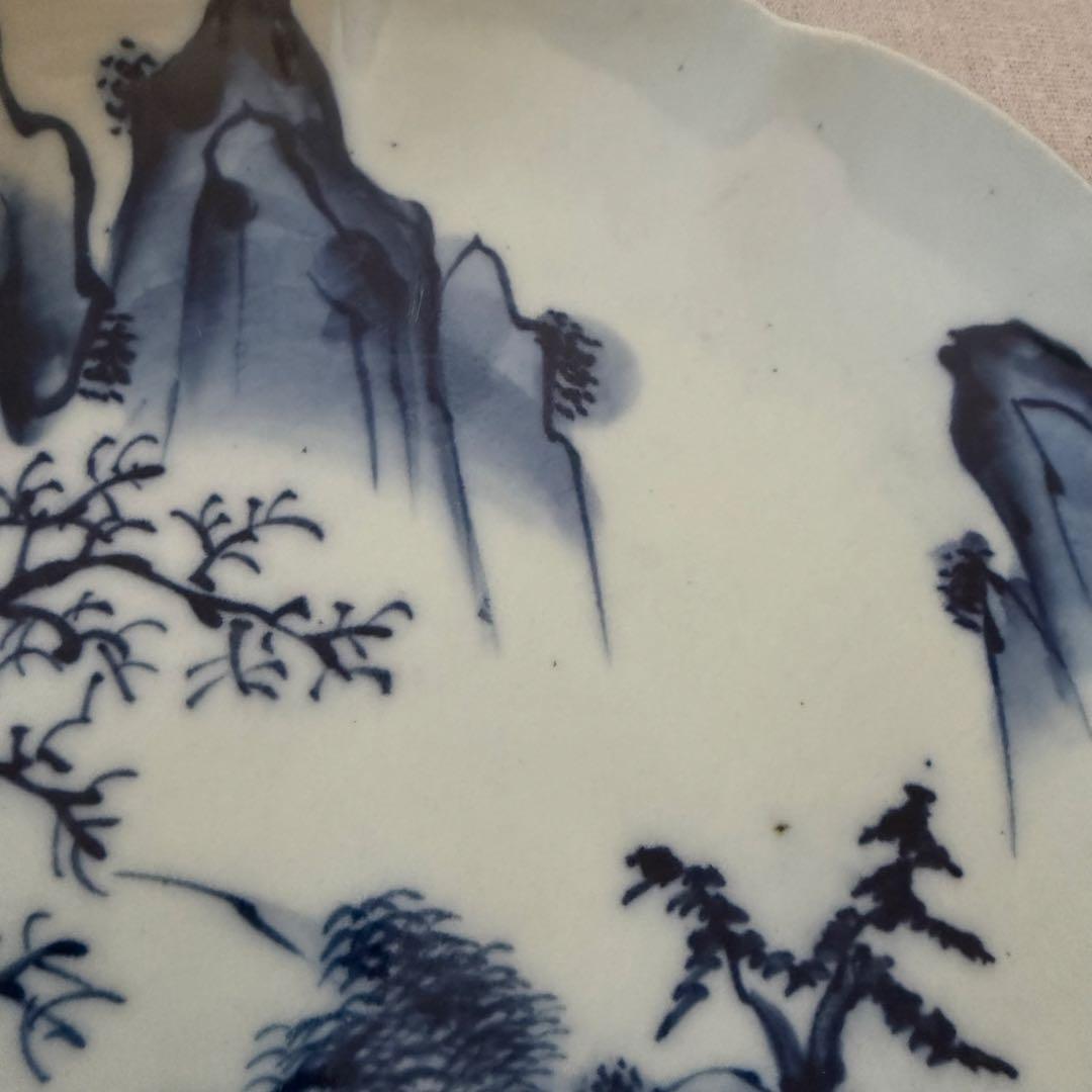 古伊万里 風 染付 山水文 大皿 25cm 輪花 飾り皿 3枚セット