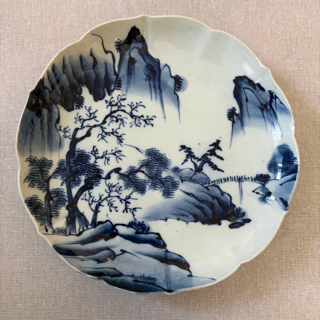 古伊万里 風 染付 山水文 大皿 25cm 輪花 飾り皿 3枚セット