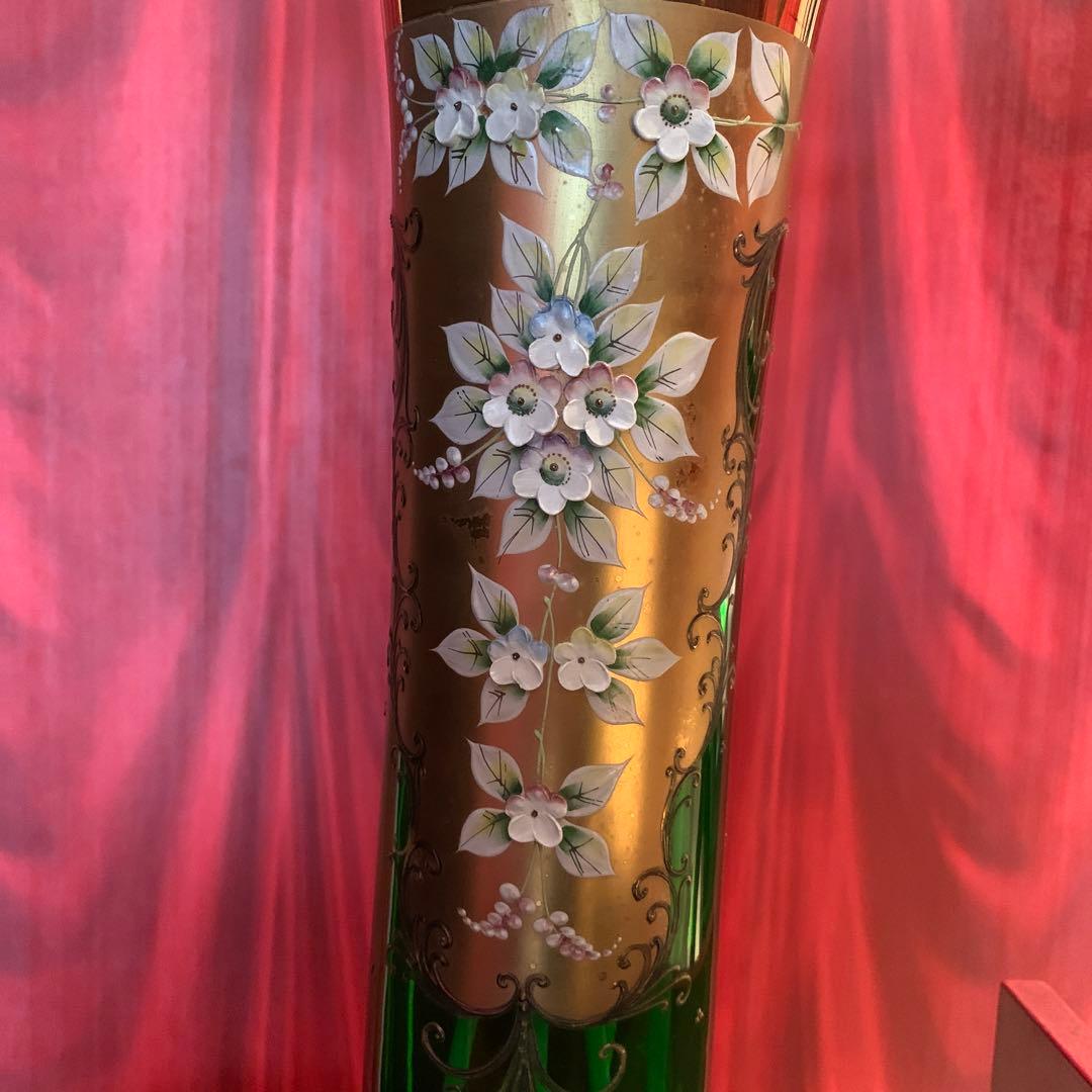 Bohemia ボヘミアングラス フラワーベース 花瓶 ロングタイプ グリーン