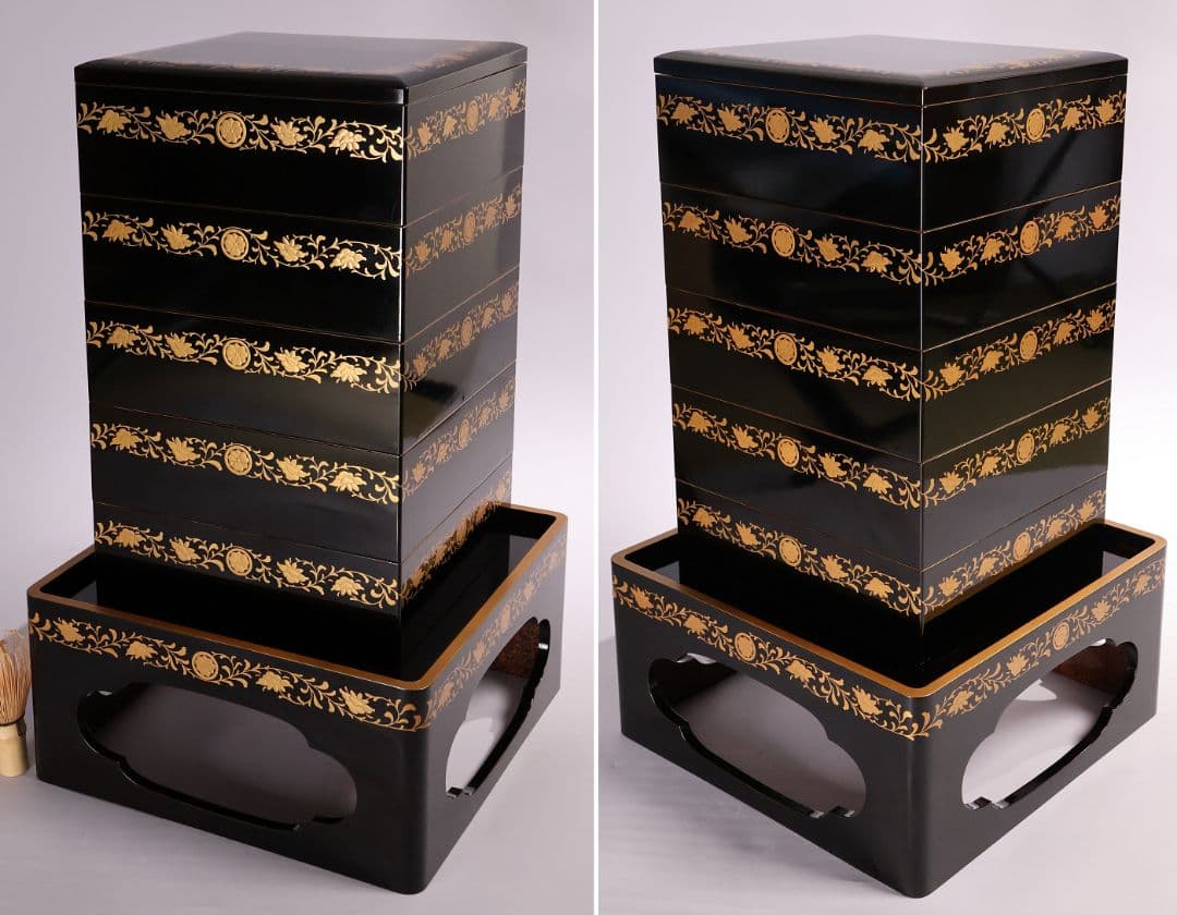 MB208】輪島塗 家紋金蒔絵 五段重箱 台付 剣片喰花唐草 黒塗梨地 天然