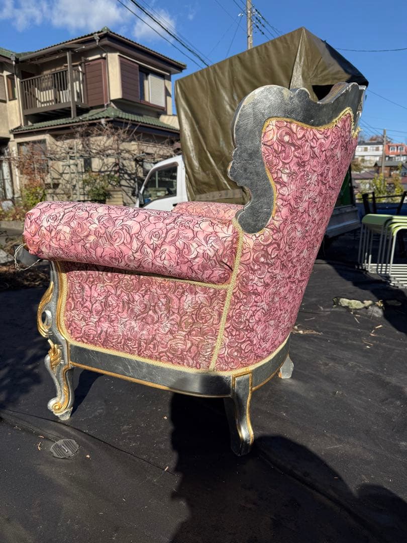 引取　イタリア製 PEGASO ロココ調 アームチェア 玉座風 金銀装飾 1P