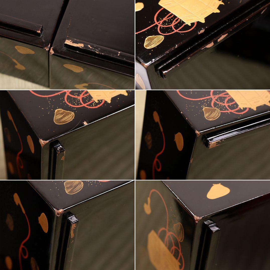 木製漆器 貝桶 金蒔絵 三段 重箱 黒塗 朱塗 梨地 雛 漆芸【MA745