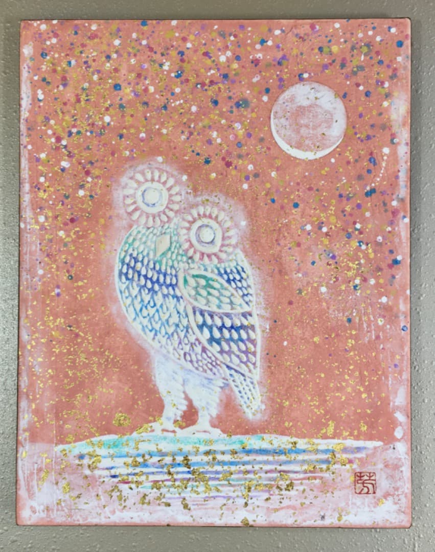 ○【真作】芳澤一夫 フクロウ 不苦労 【極美品】日本画 肉筆 絵画 美術