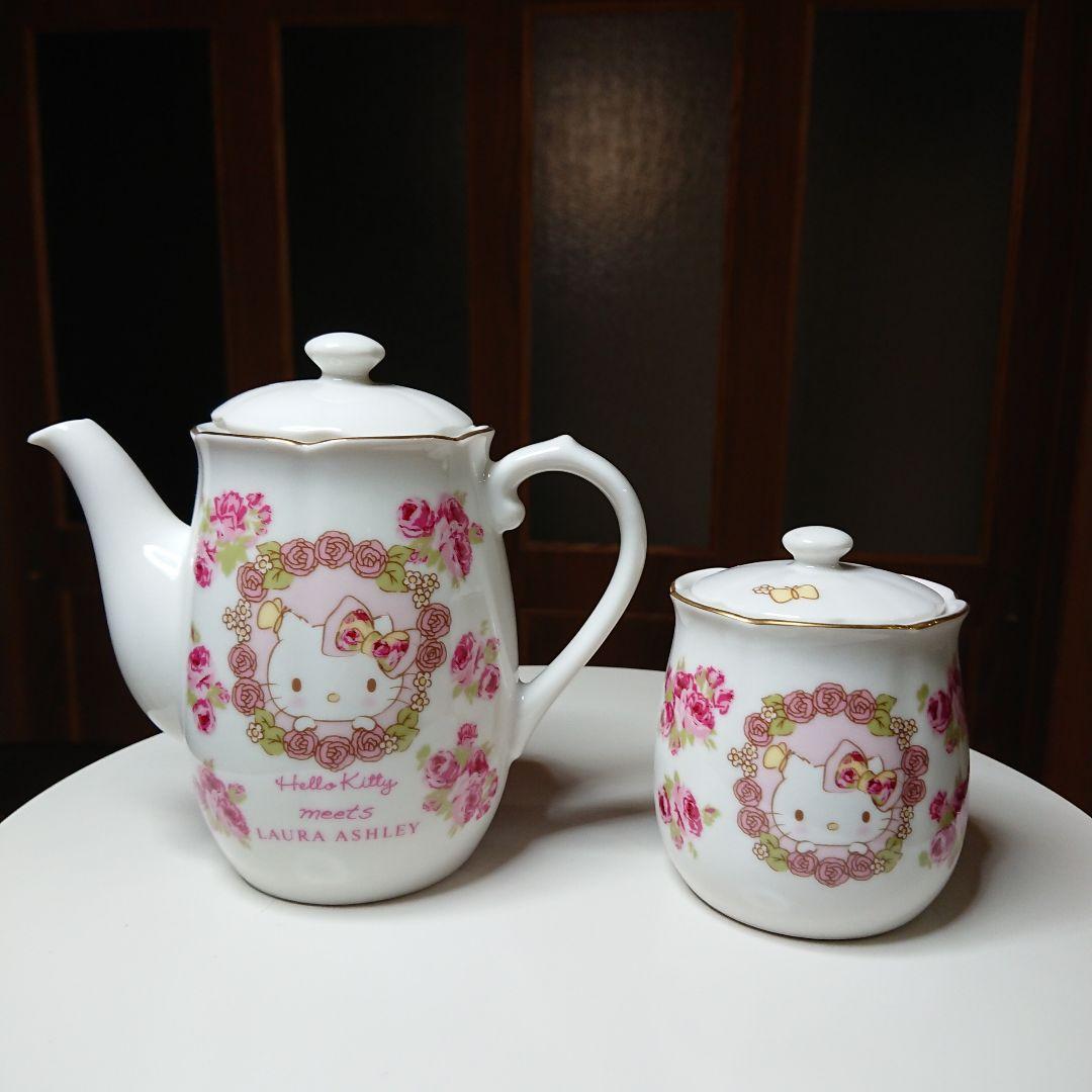 ティーセット バラ ホワイト 5点 ハローキティ × ローラアシュレイ 金彩劣化