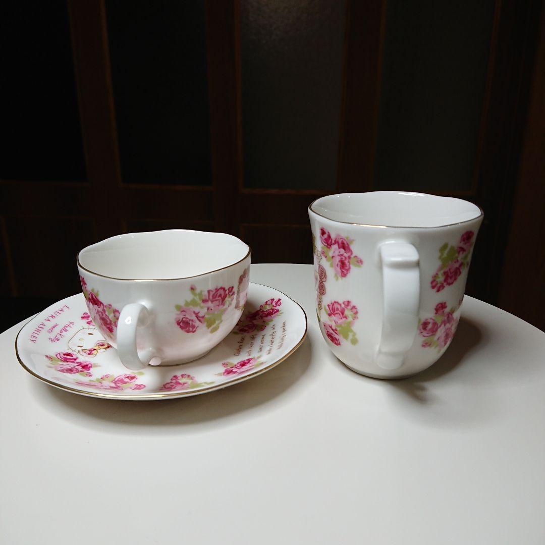ティーセット バラ ホワイト 5点 ハローキティ × ローラアシュレイ 金彩劣化