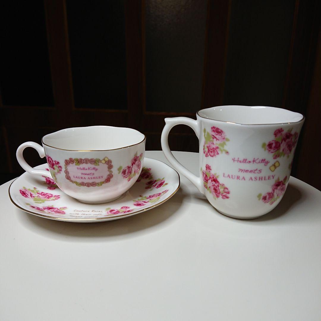 ティーセット バラ ホワイト 5点 ハローキティ × ローラアシュレイ 金彩劣化