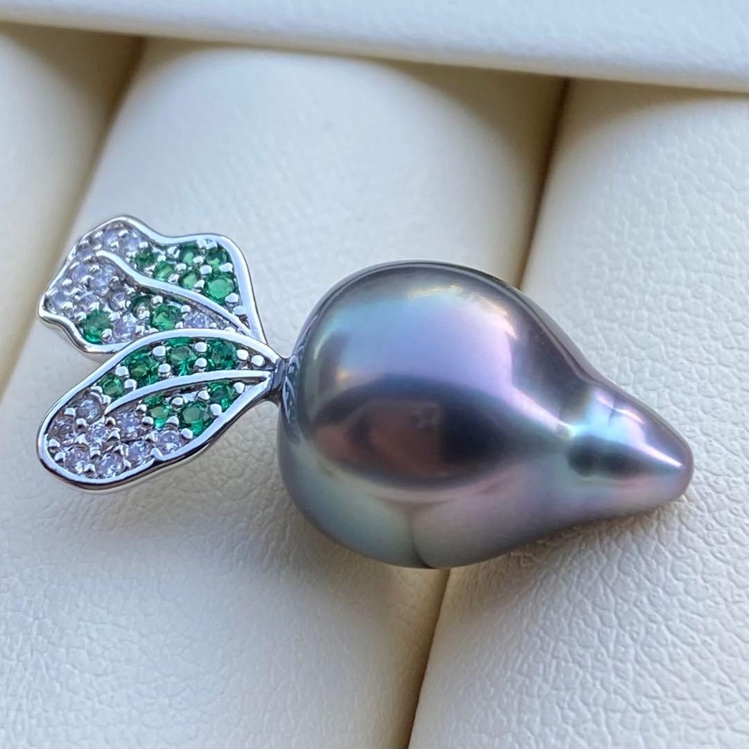 本真珠　南洋黒蝶真珠ネックレストップ　15.4*11.4mmグリーン紫PT927