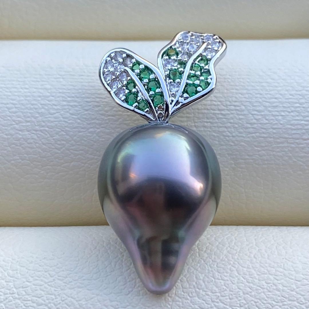 本真珠　南洋黒蝶真珠ネックレストップ　15.4*11.4mmグリーン紫PT927