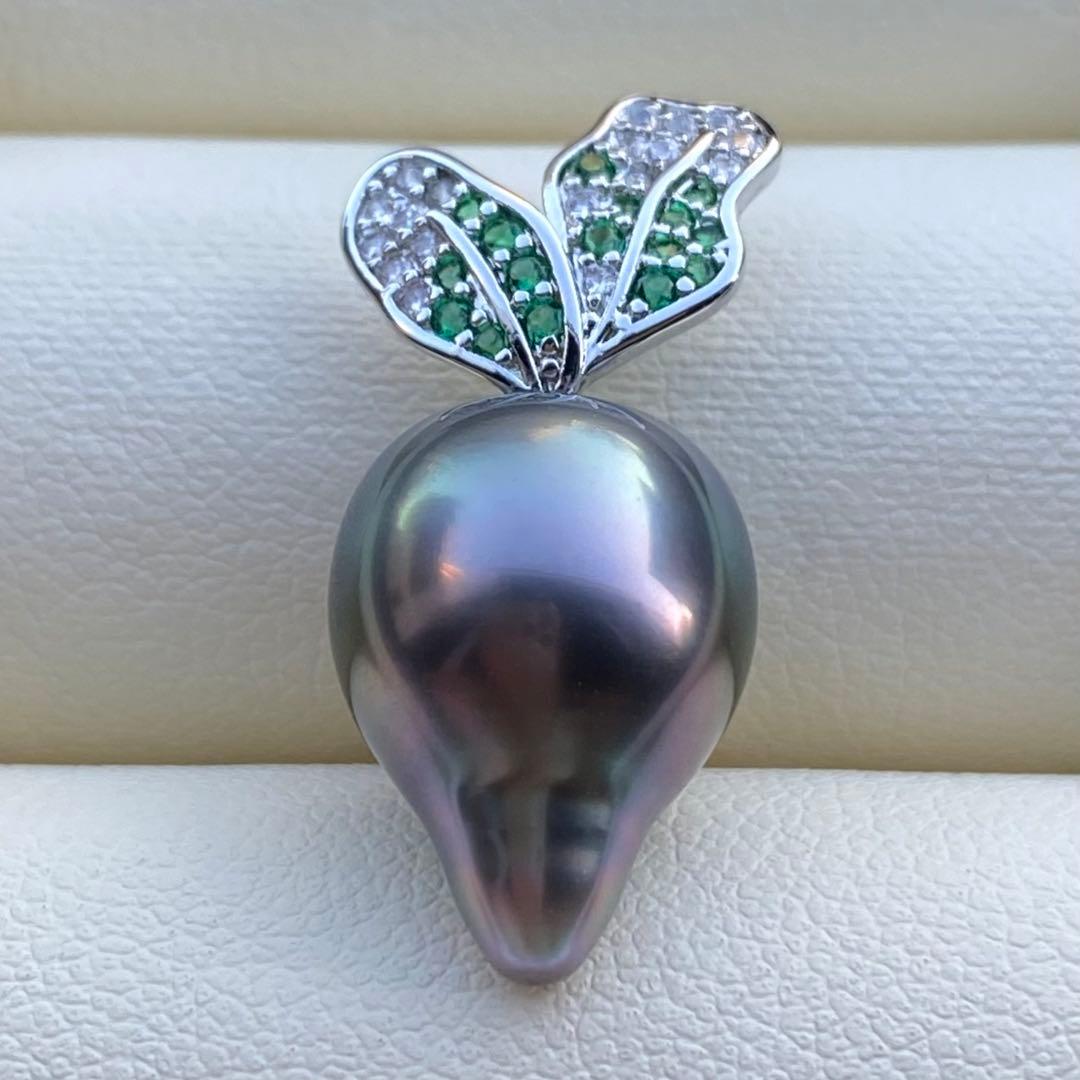 本真珠　南洋黒蝶真珠ネックレストップ　15.4*11.4mmグリーン紫PT927