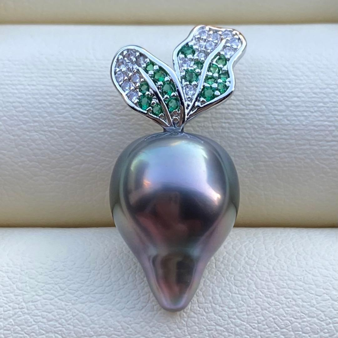 本真珠　南洋黒蝶真珠ネックレストップ　15.4*11.4mmグリーン紫PT927