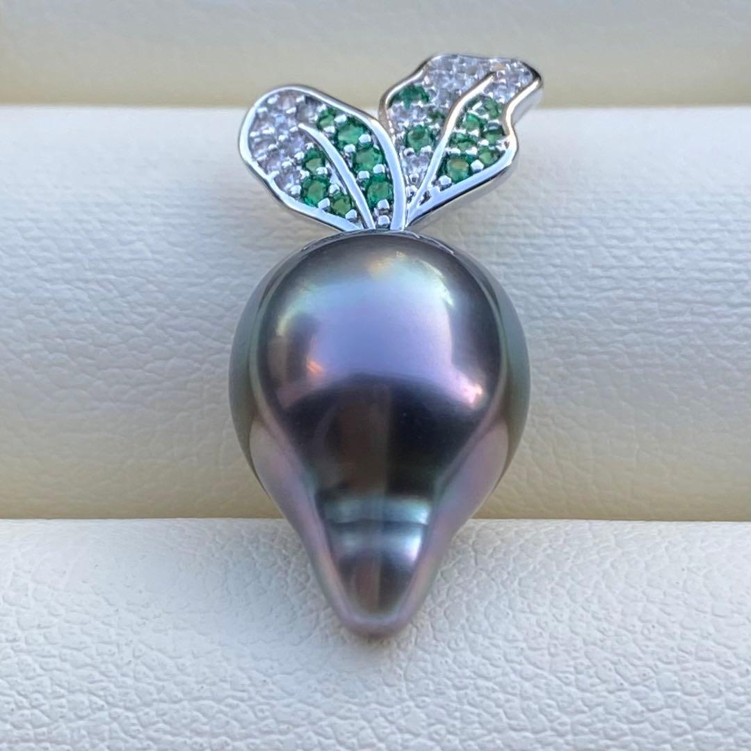 本真珠　南洋黒蝶真珠ネックレストップ　15.4*11.4mmグリーン紫PT927