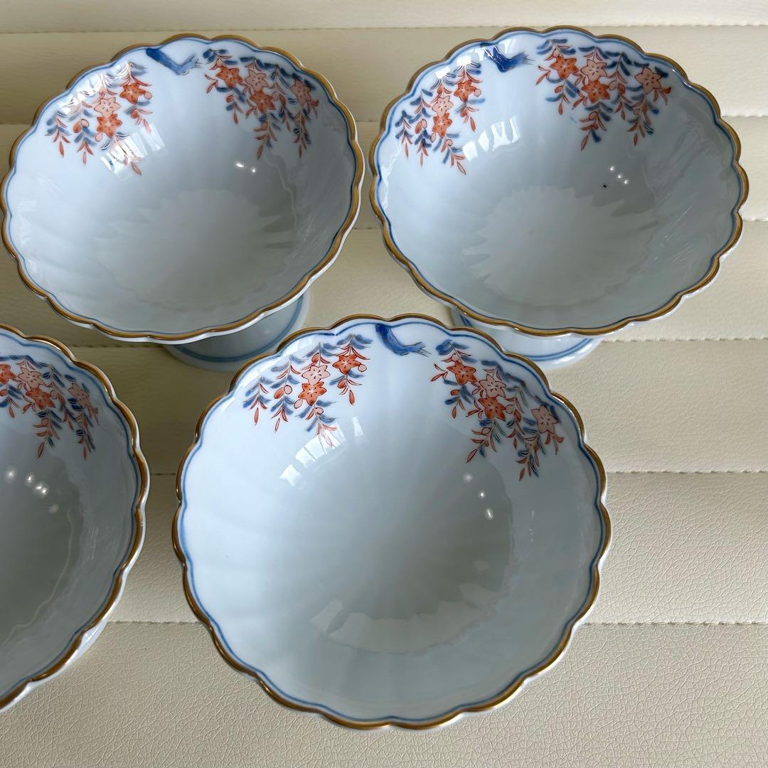 有田焼　賞美堂　其泉窯　染錦　君子文　高台小鉢揃　５枚　菊割鉢　金彩色絵　輪花鉢