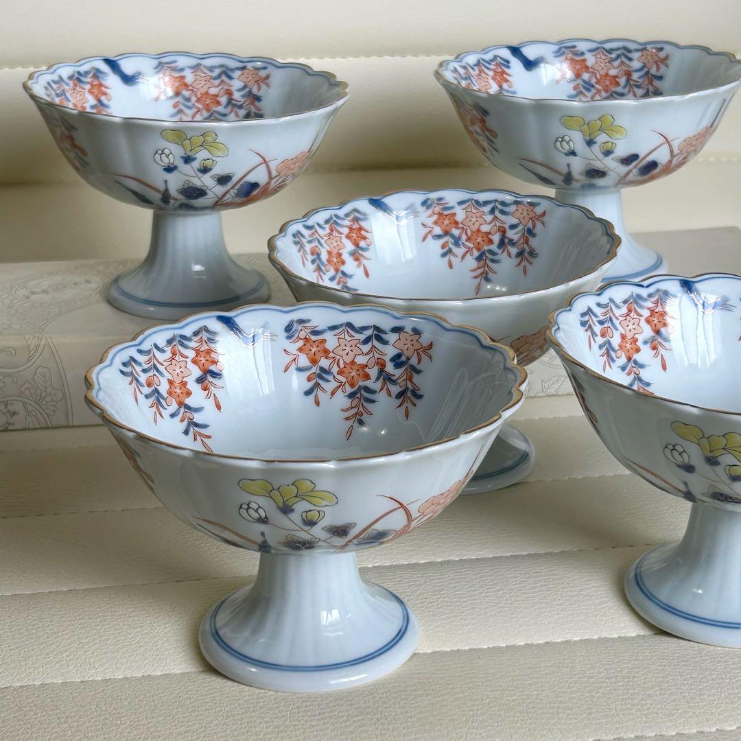 有田焼　賞美堂　其泉窯　染錦　君子文　高台小鉢揃　５枚　菊割鉢　金彩色絵　輪花鉢