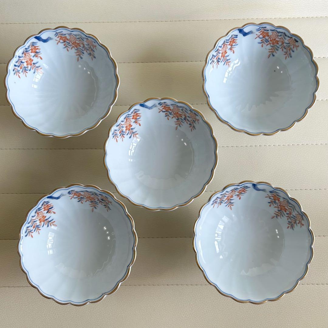 有田焼　賞美堂　其泉窯　染錦　君子文　高台小鉢揃　５枚　菊割鉢　金彩色絵　輪花鉢