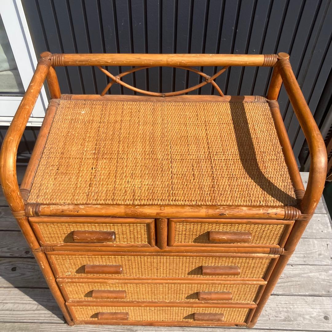 昭和レトロ ラタンチェスト 4段5杯 引き出し箪笥 古家具 ビンテージ 籐家具