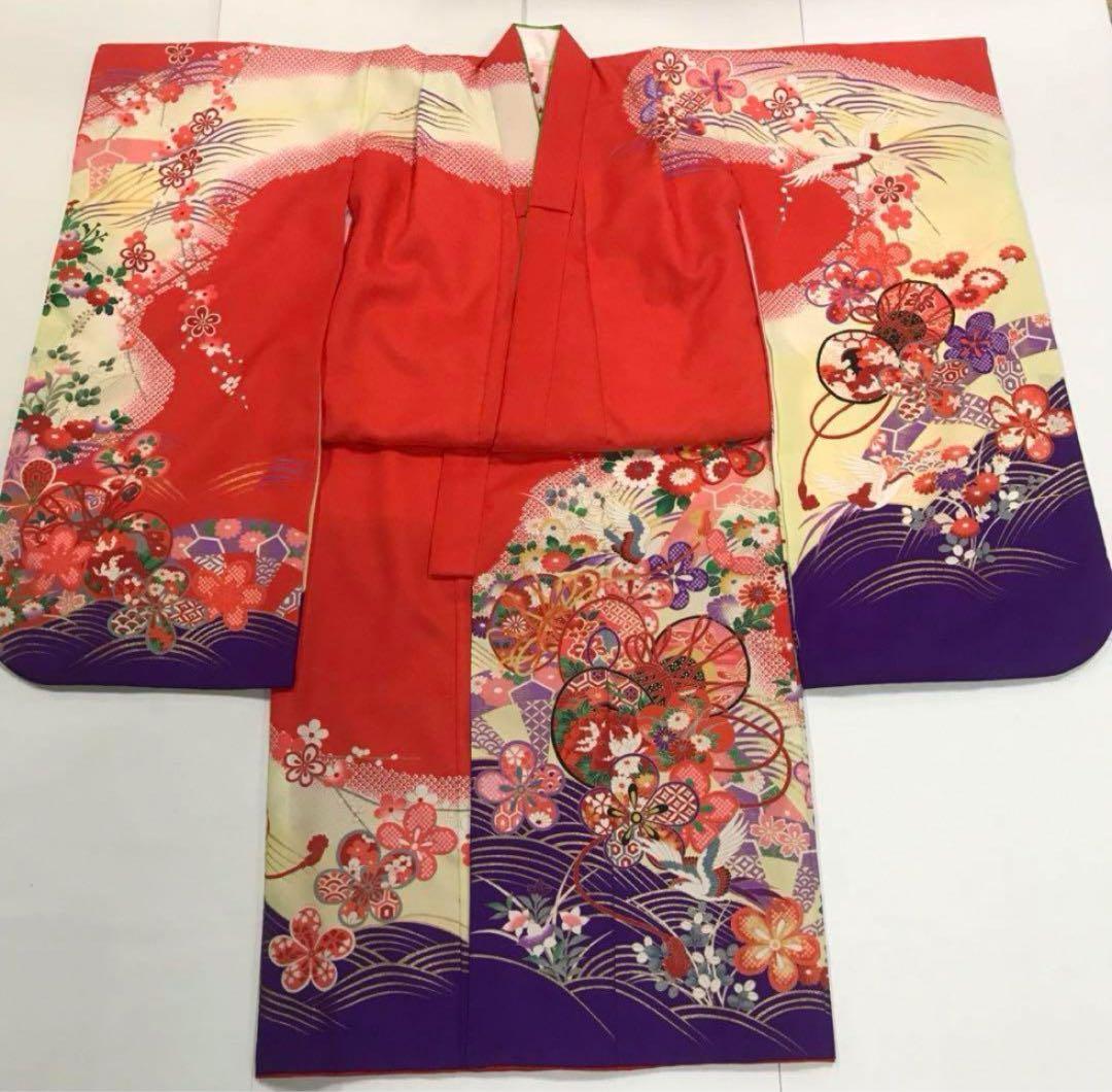 七五三　7歳女の子着物　2点セット　朱赤と紫　鼓　青海波　梅　鹿子柄