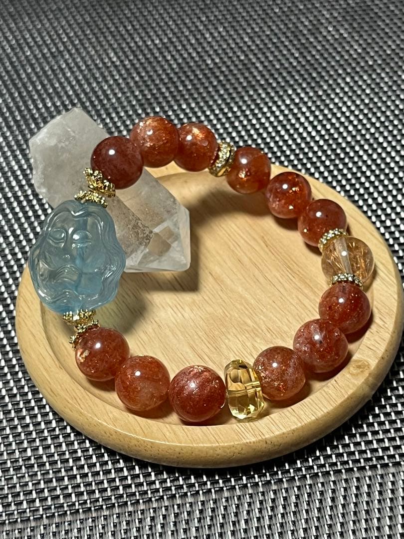 高品質 サンストーン アクアマリン ルチルクォーツデザインブレスレット