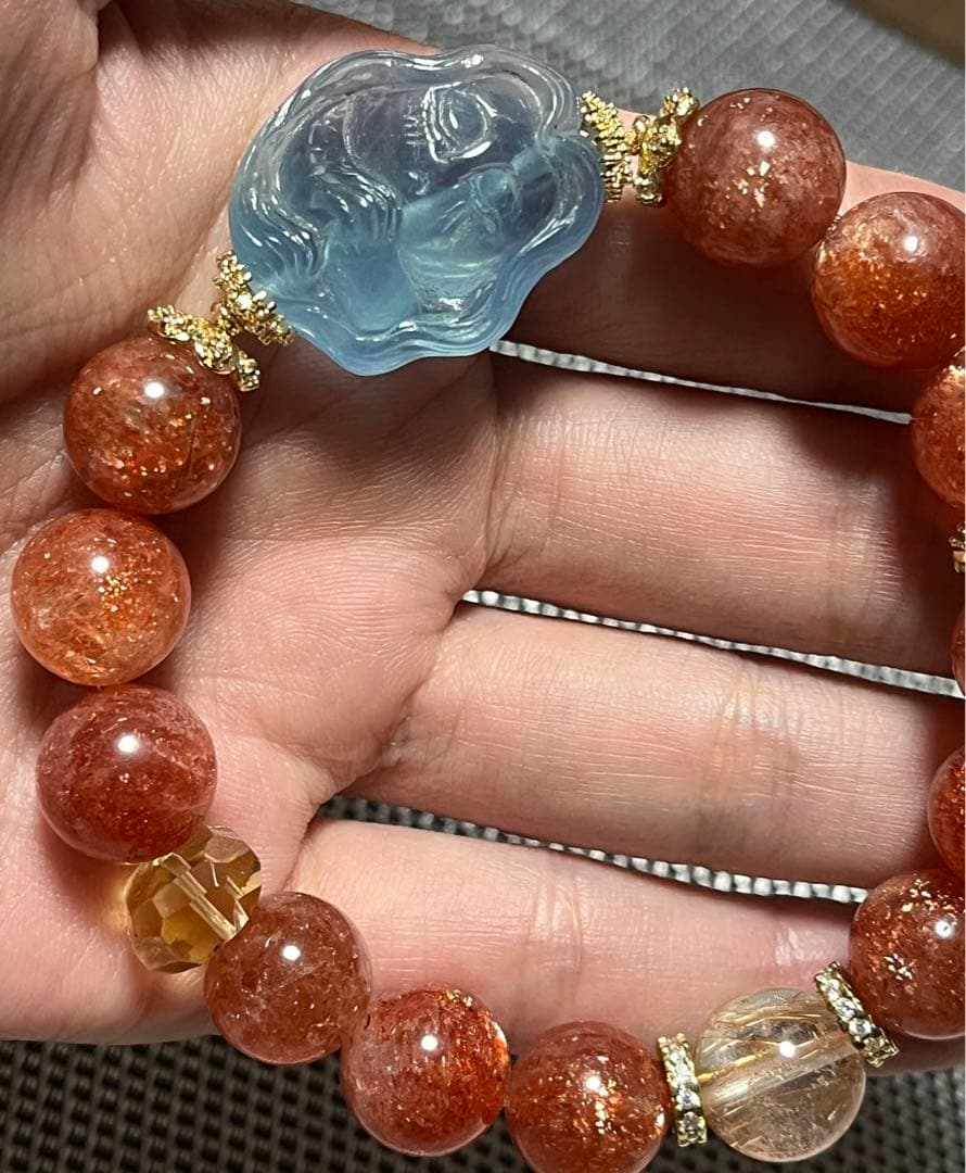 高品質 サンストーン アクアマリン ルチルクォーツデザインブレスレット