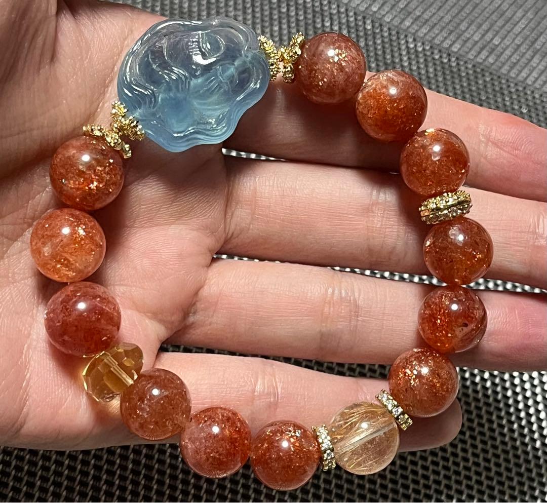 高品質 サンストーン アクアマリン ルチルクォーツデザインブレスレット