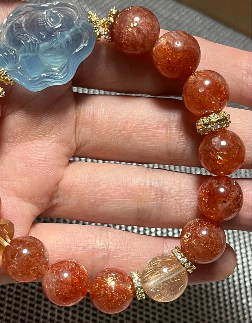 高品質 サンストーン アクアマリン ルチルクォーツデザインブレスレット