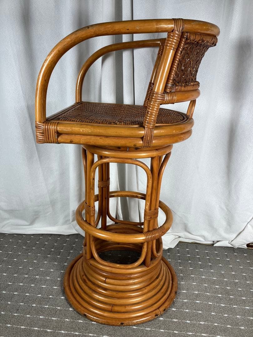 昭和レトロ ラタン 回転チェア 籐製 アジアン カウンターチェア ヴィンテージ