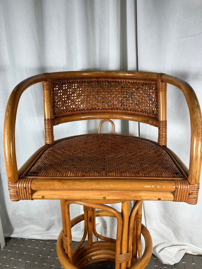 昭和レトロ ラタン 回転チェア 籐製 アジアン カウンターチェア ヴィンテージ