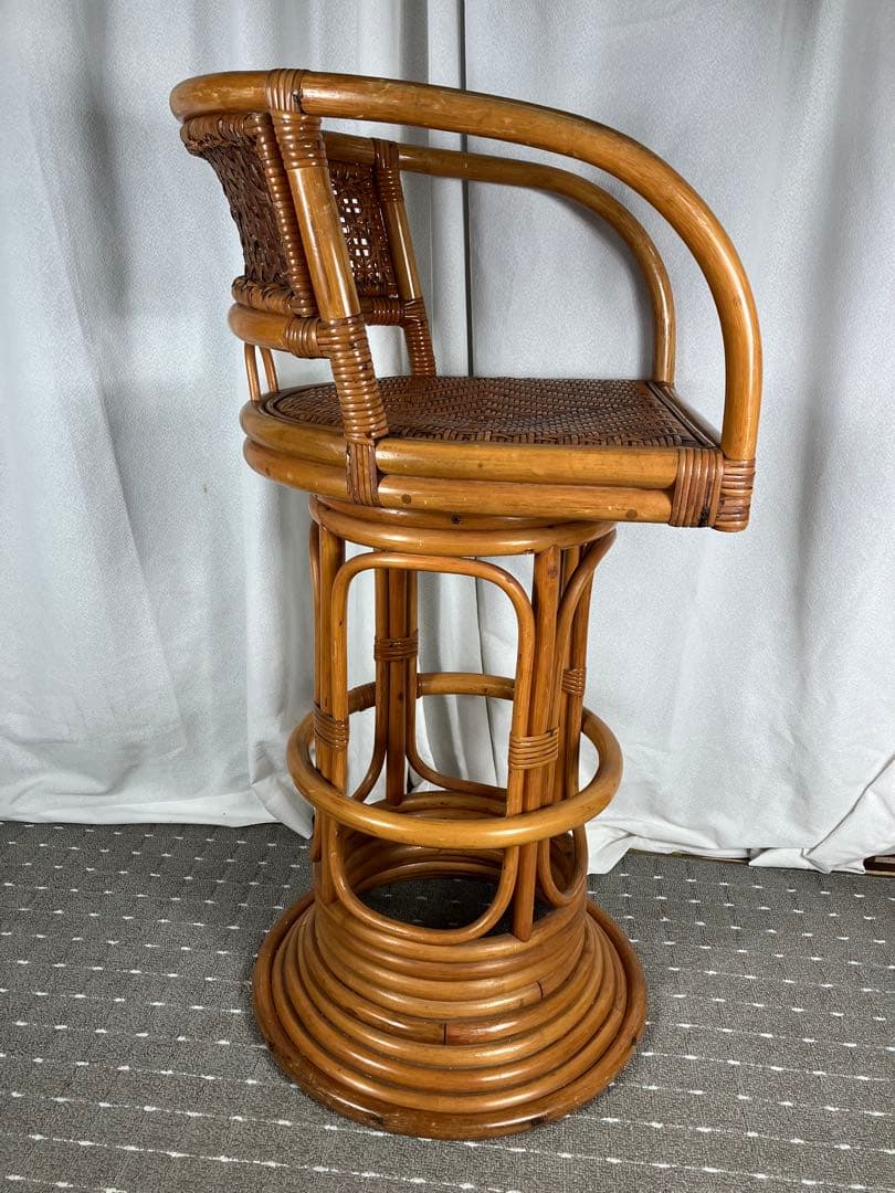 昭和レトロ ラタン 回転チェア 籐製 アジアン カウンターチェア ヴィンテージ