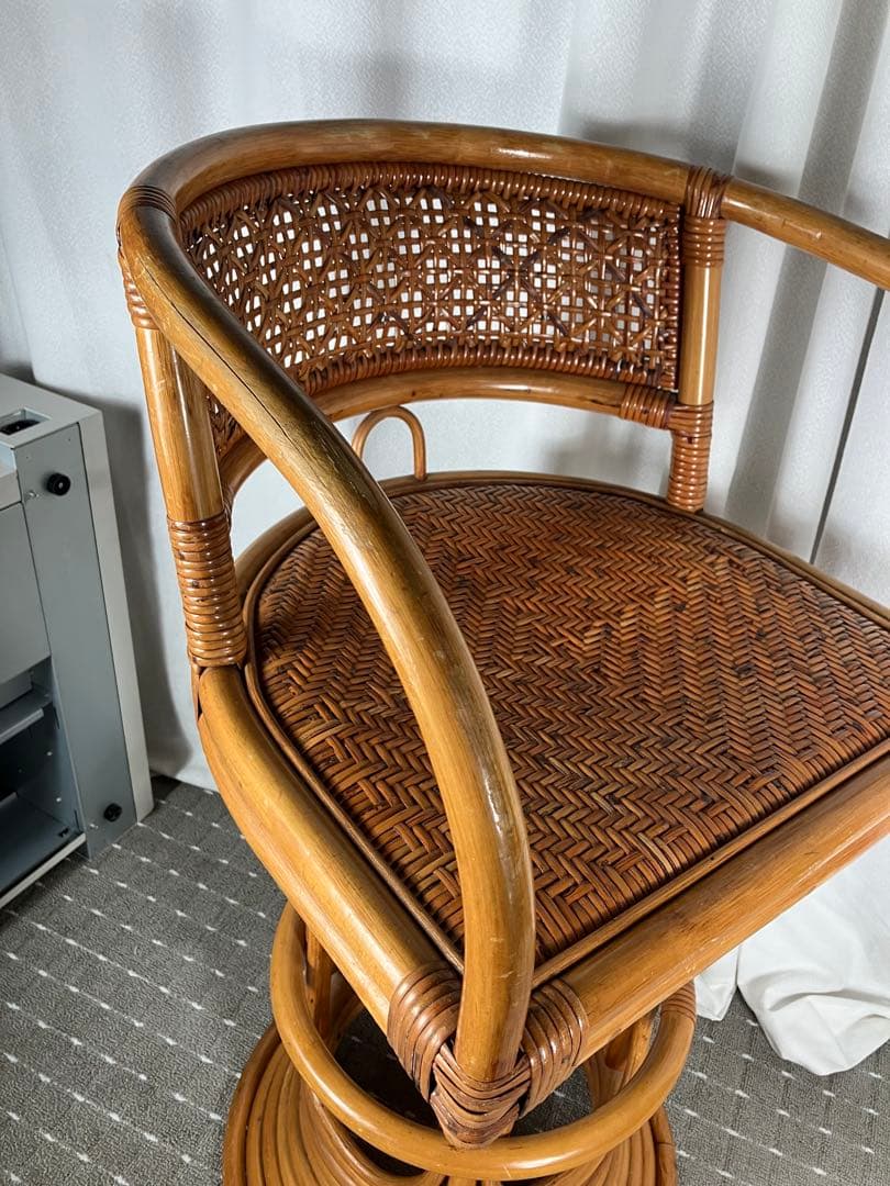 昭和レトロ ラタン 回転チェア 籐製 アジアン カウンターチェア ヴィンテージ