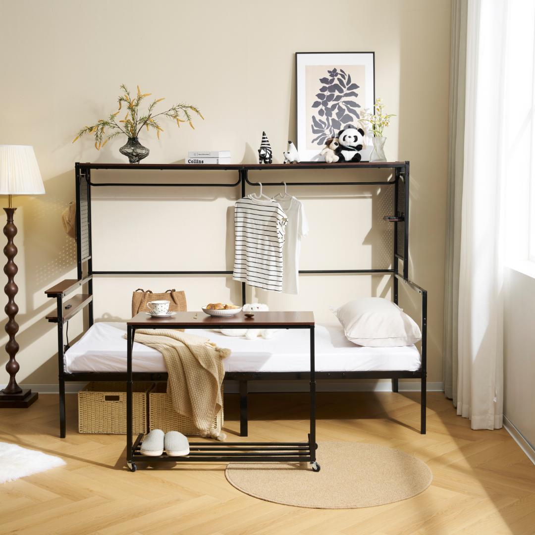 【新品】【ブラック】ロフトベッド 北欧風木目 移動デスク付き 耐震 大人用