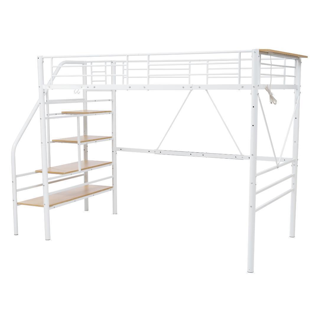 【10cm厚さマットレス付き】ロフトベッド 階段付き S シングル パイプベッド