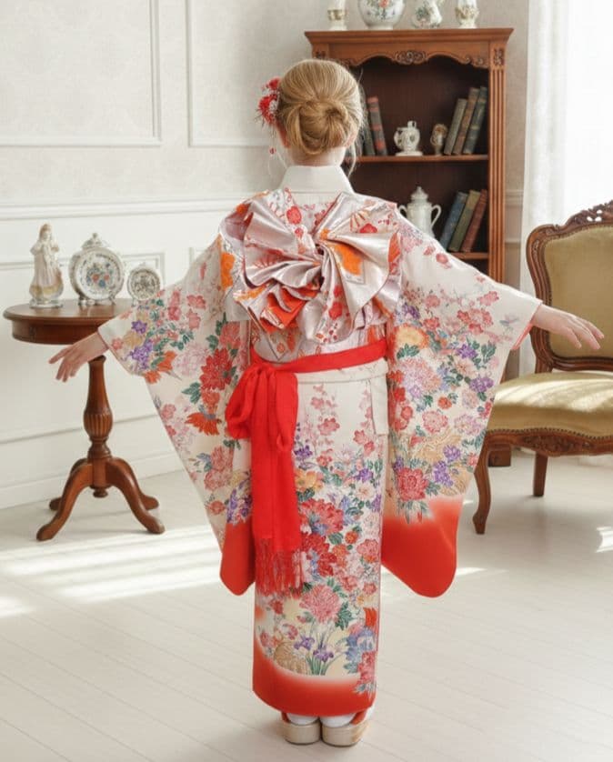 正絹☆クリーム色の着物と作り帯セット