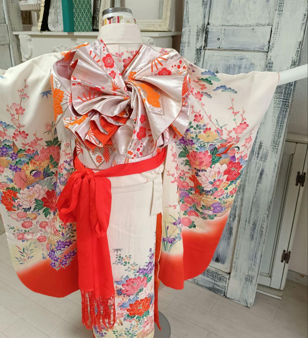 正絹☆クリーム色の着物と作り帯セット